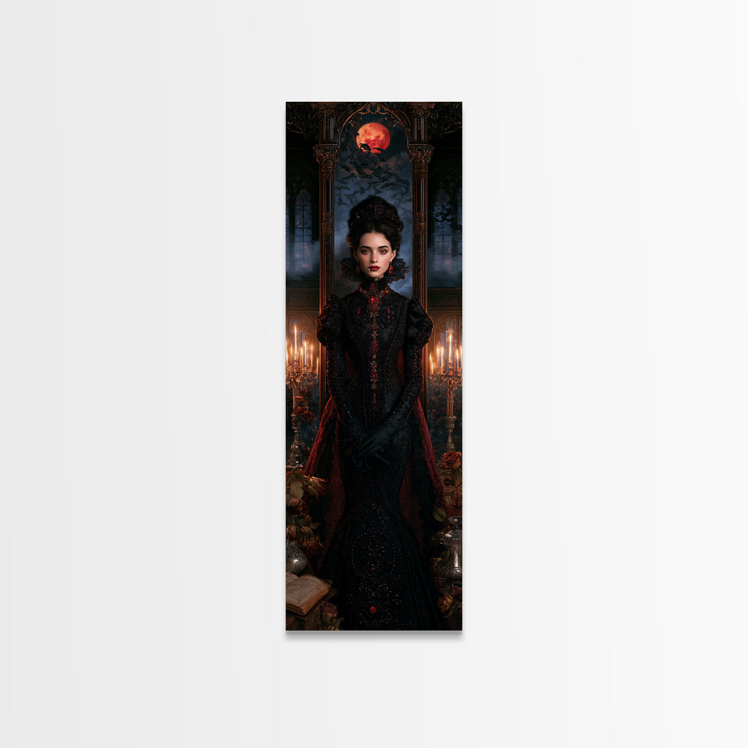 The Velvet-Fanged Heiress, Victorian Vampire Portrait, Tall Narrow Canvas Print, Antique Style Decor, Classic Monster Art