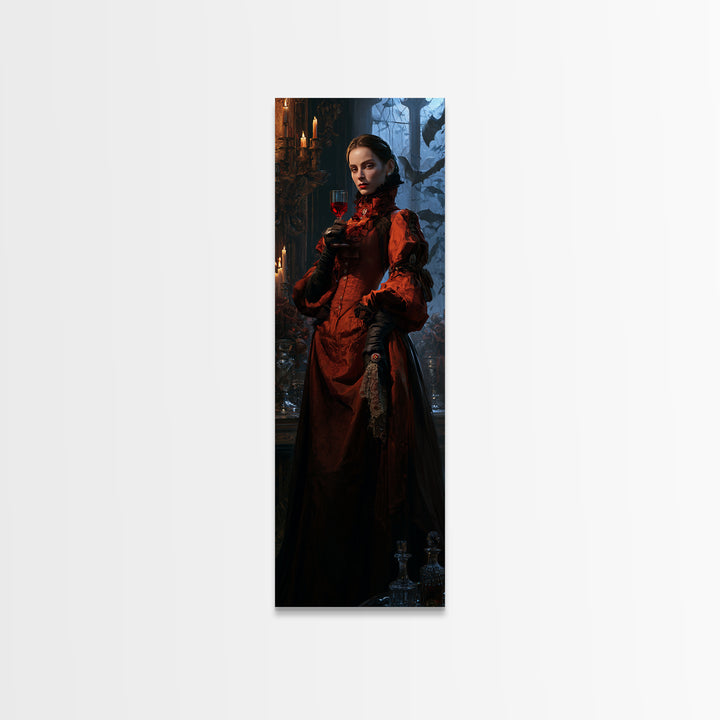 The Scarlet Thirst Duchess, Victorian Vampire Portrait, Tall Narrow Canvas Print, Antique Style Decor, Classic Monster Art