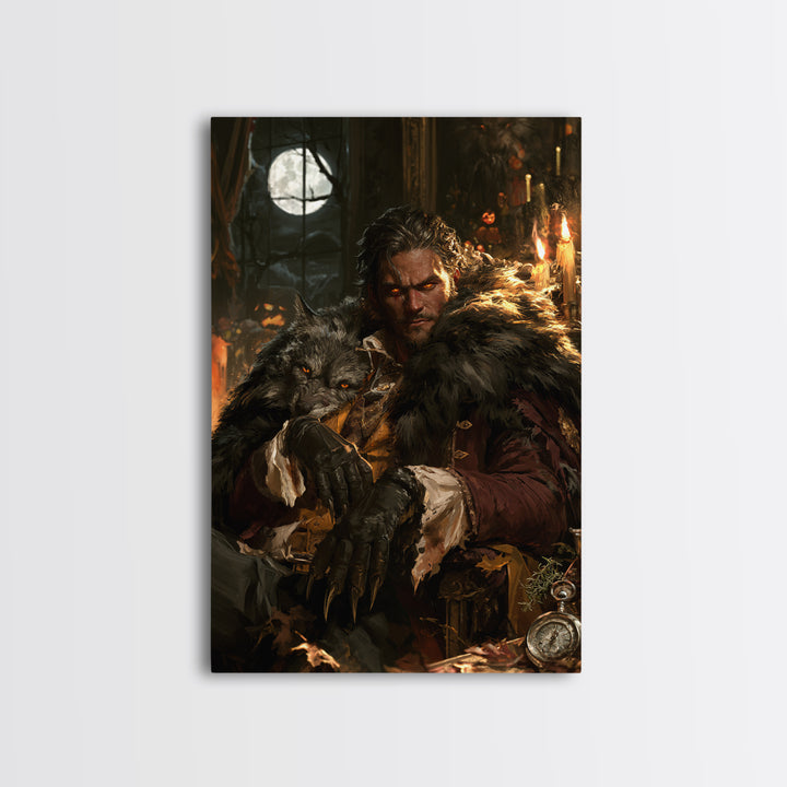 The Silver-Wolf Heir, Victorian Werewolf Portrait, Vertical Canvas Print, Dark Academia Decor, Antique Horror Decor, Classic Monster Art