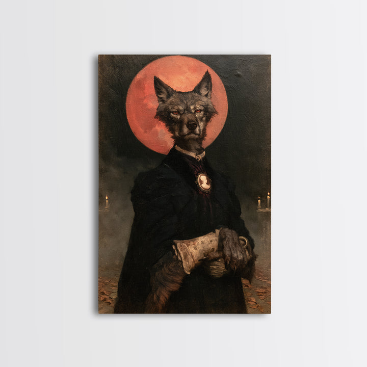 The Wolf Moon Governess, Victorian Werewolf Portrait, Vertical Canvas Print, Antique Style Decor, Spooky Season Decor, Classic Monster Art