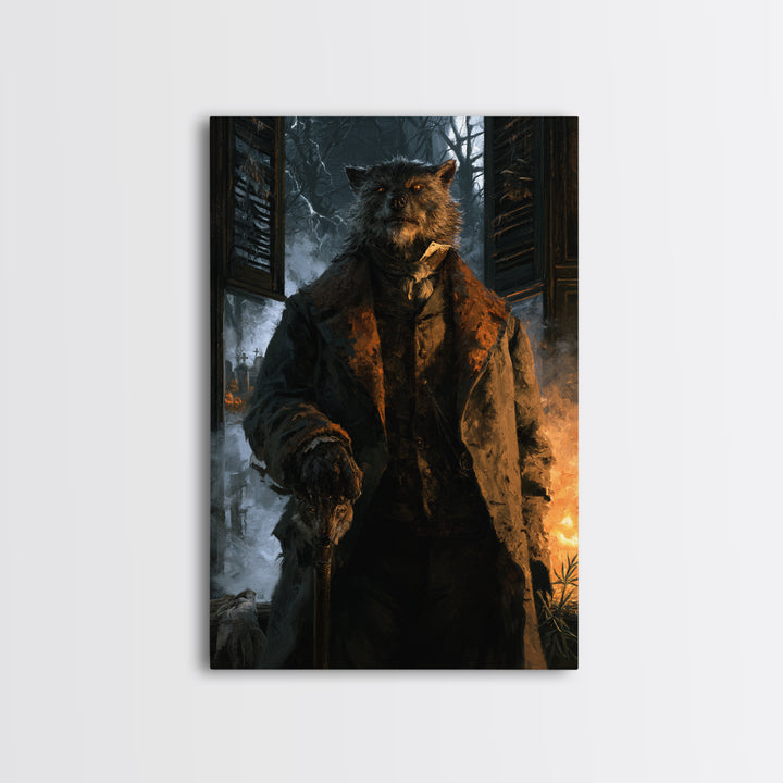 The Moorland Huntsman, Victorian Werewolf Portrait, Vertical Canvas Print, Classic Halloween Decor, Classic Monster Art