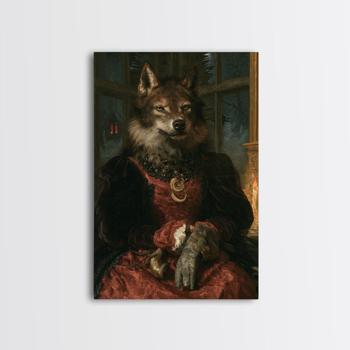 The Velvet Lycan Duchess, Victorian Werewolf Portrait, Vertical Canvas Print, Gothic Home Decor, Gothic Wall Decor, Classic Monster Art