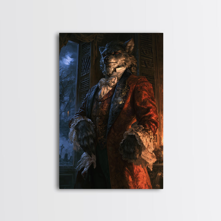 The Ballroom Lycan, Victorian Werewolf Portrait, Vertical Canvas Print, Antique Style Decor, Antique Horror Decor, Classic Monster Art