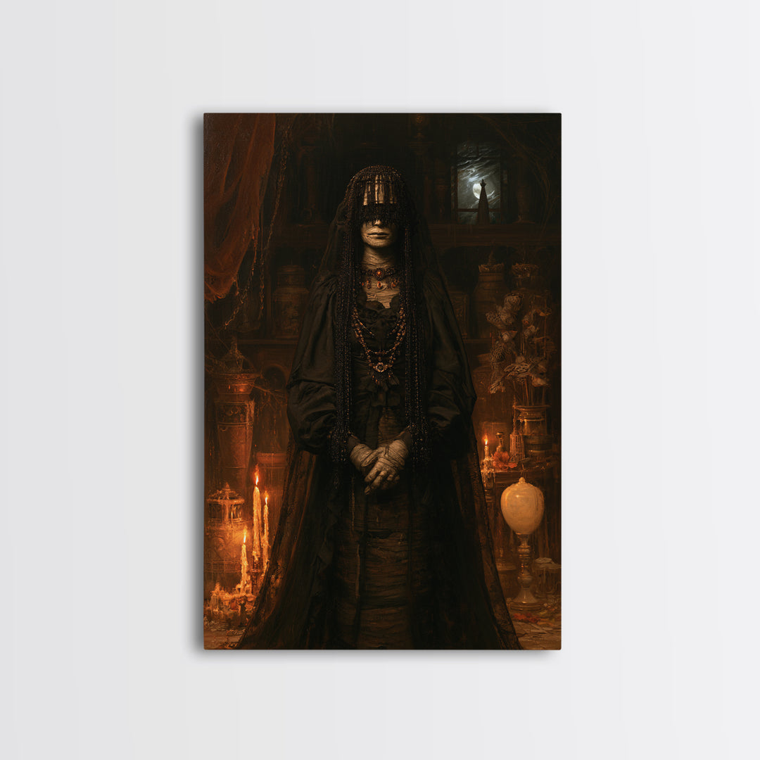 The Canopic Widow, Victorian Mummy Portrait, Vertical Canvas Print, Macabre Home Decor, Spooky Season Decor, Classic Monster Art