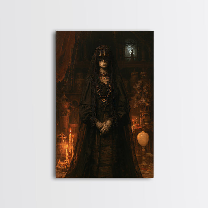 The Canopic Widow, Victorian Mummy Portrait, Vertical Canvas Print, Macabre Home Decor, Spooky Season Decor, Classic Monster Art
