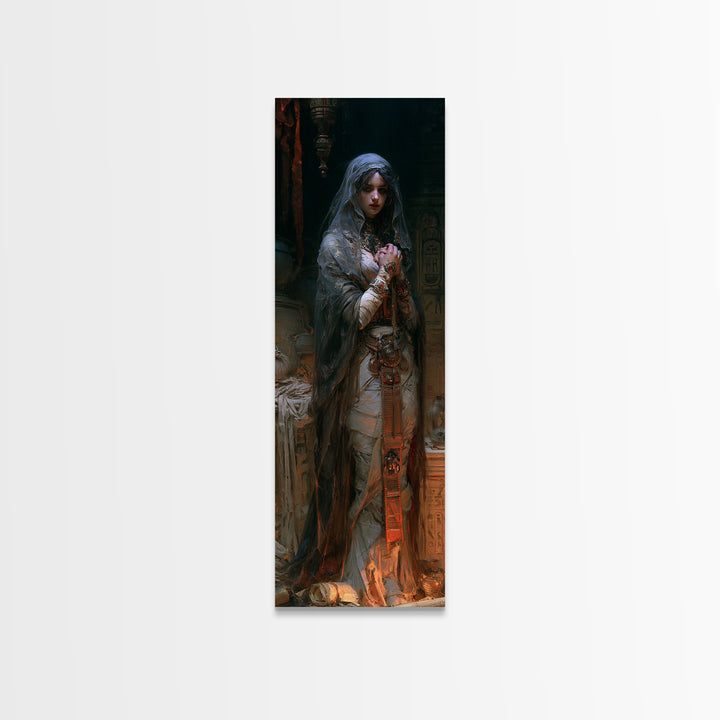 The Pyramid Heiress, Victorian Mummy Portrait, Tall Narrow Canvas Print, Antique Style Decor, Halloween Portrait Art, Classic Monster Art