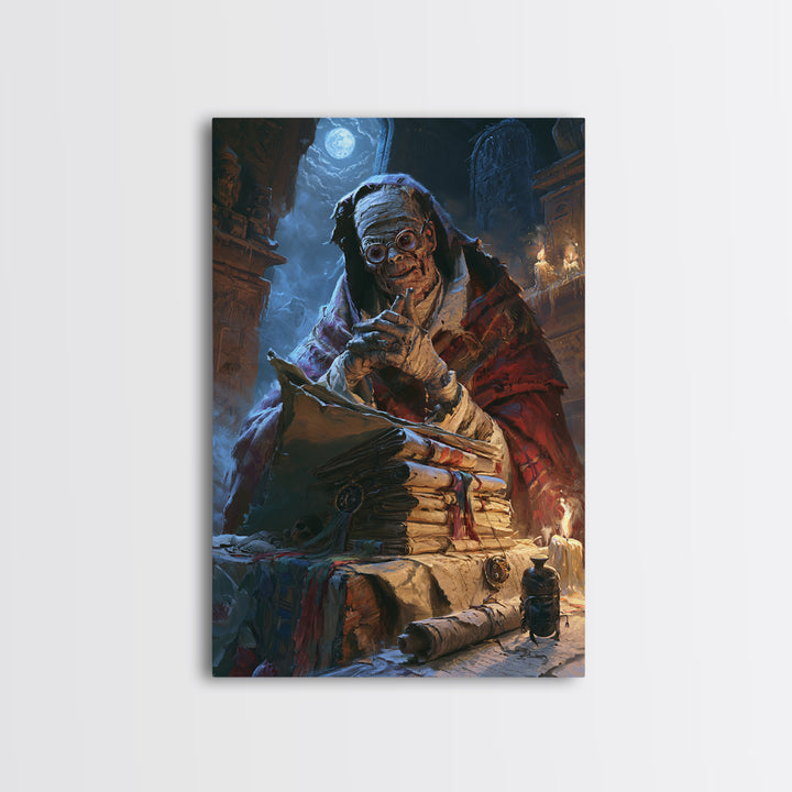 The Desert Archivist, Victorian Mummy Portrait, Vertical Canvas Print, Classic Halloween Decor, Canvas Print, Classic Monster Art