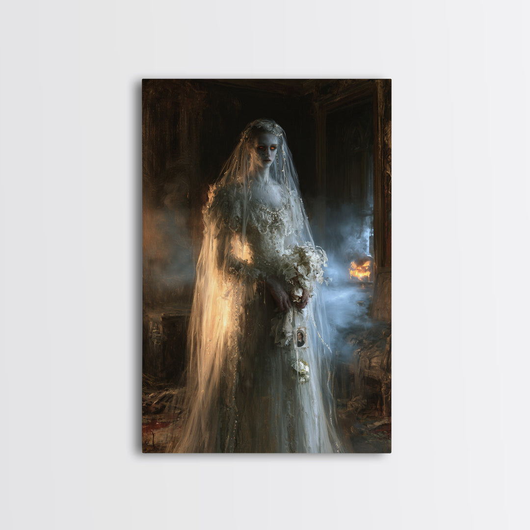 The Hollow-Eyed Bride, Victorian Ghost Portrait, Vertical Canvas Print, Gothic Home Decor, Halloween Portrait Art, Classic Monster Art