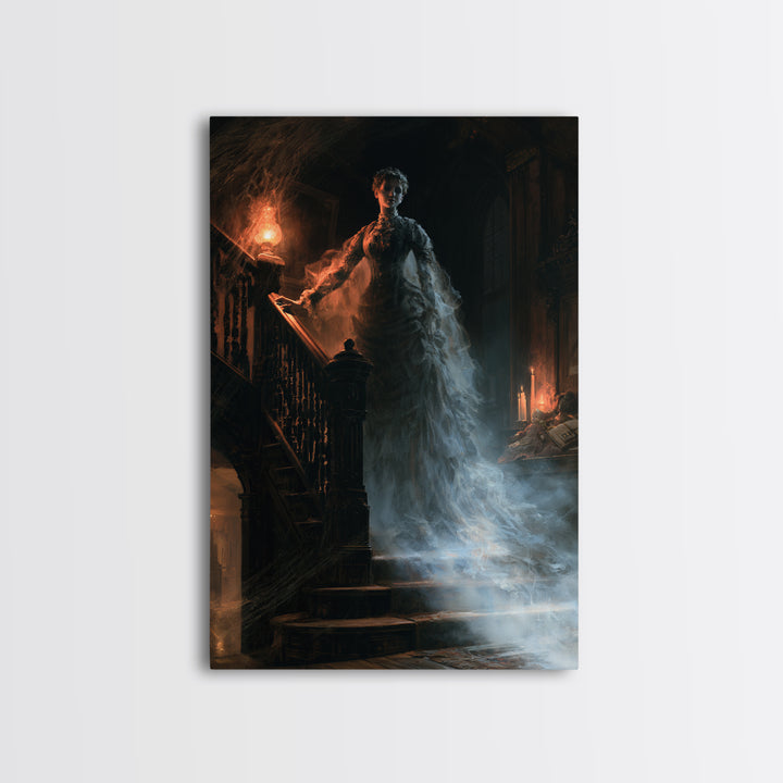 The Staircase Apparition, Victorian Ghost Portrait, Vertical Canvas Print, Antique Style Decor, Halloween Portrait Art, Classic Monster Art