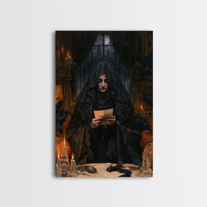 The Veiled Mourner, Victorian Ghost Portrait, Vertical Canvas Print, Antique Style Decor, Halloween Portrait Art, Classic Monster Art