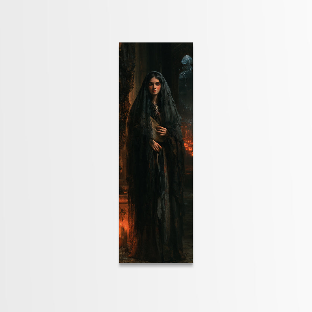 The Veiled Mourner, Victorian Ghost Portrait, Tall Narrow Canvas Print, Classic Halloween Decor, Gothic Wall Decor, Classic Monster Art
