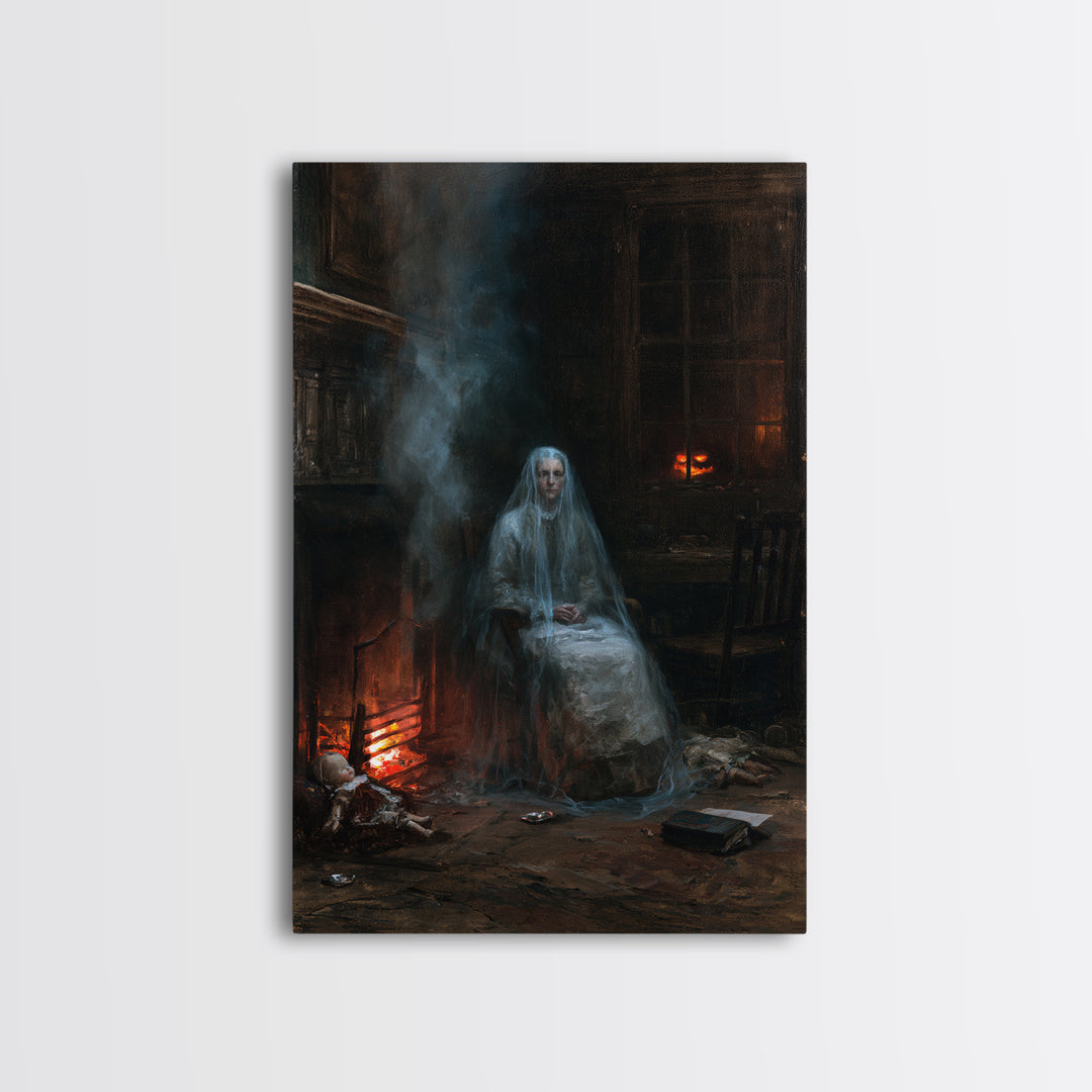 The Hearthside Shade, Victorian Ghost Portrait, Vertical Canvas Print, Classic Halloween Decor, Canvas Print, Classic Monster Art