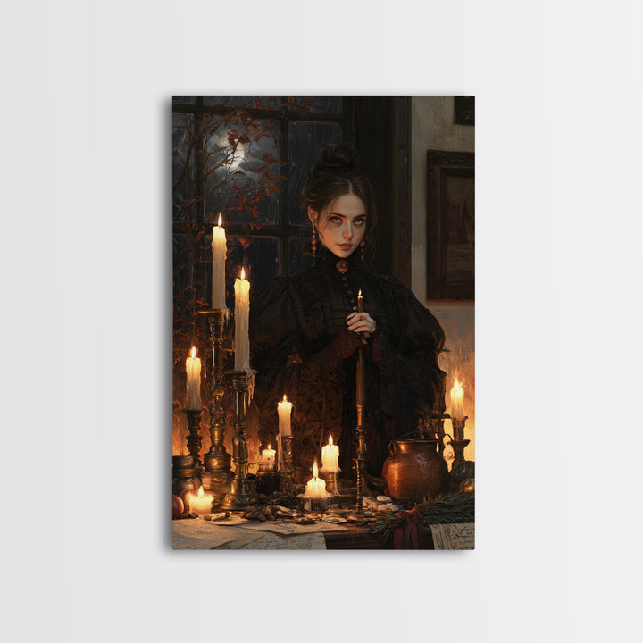 The Candle Witch, Victorian Witch Portrait, Vertical Canvas Print, Dark Academia Decor, Antique Horror Decor, Classic Monster Art