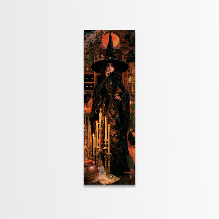 The Candle Witch, Victorian Witch Portrait, Tall Narrow Canvas Print, Classic Halloween Decor, Halloween Portrait Art, Classic Monster Art