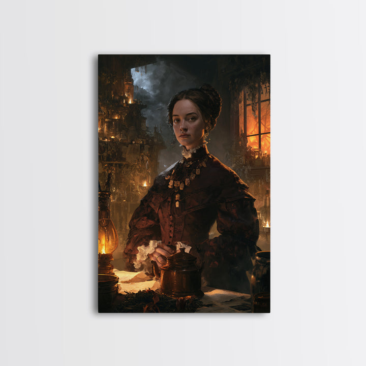 The Bone Charm Governess, Victorian Witch Portrait, Vertical Canvas Print, Macabre Home Decor, Spooky Season Decor, Classic Monster Art