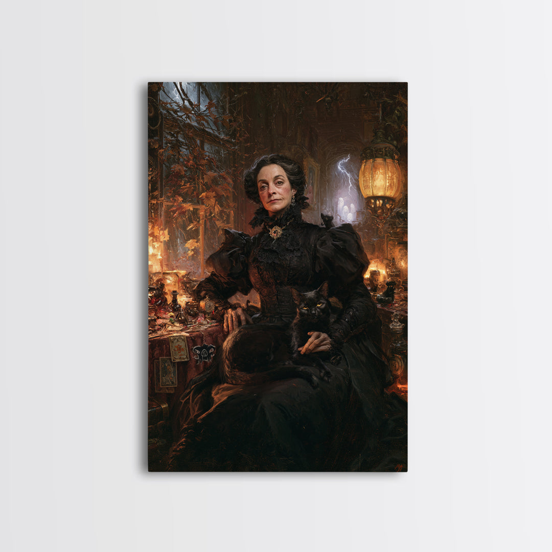 The Widow Of Nine Cats, Victorian Witch Portrait, Vertical Canvas Print, Gothic Home Decor, Halloween Portrait Art, Classic Monster Art