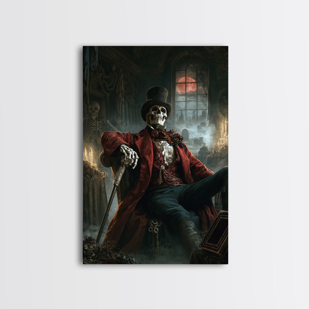 The Bone Marquis, Victorian Skeleton Portrait, Vertical Canvas Print, Gothic Home Decor, Halloween Portrait Art, Classic Monster Art
