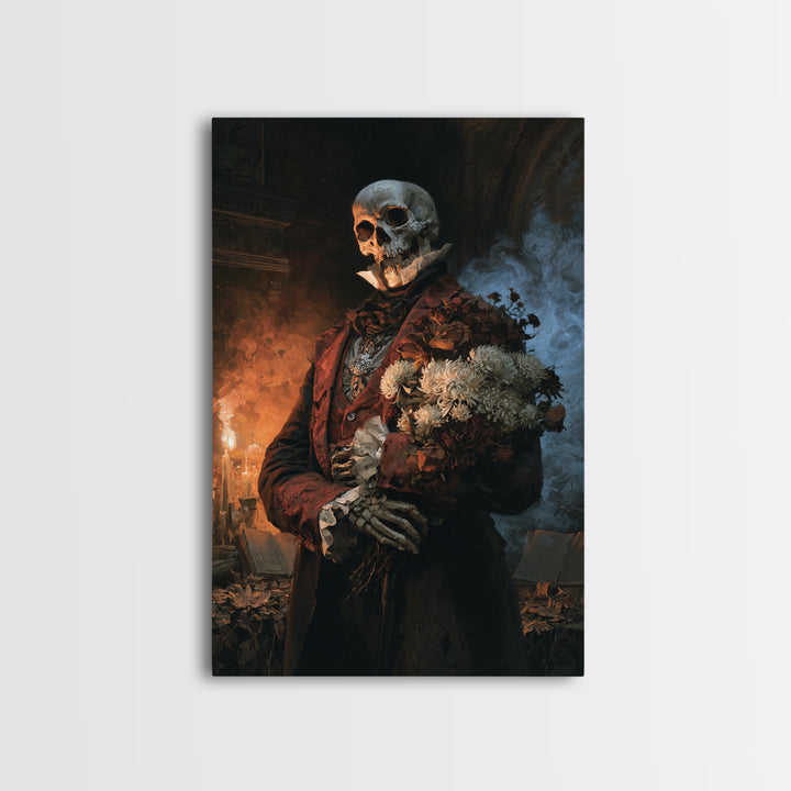 The Graveyard Dandy, Victorian Skeleton Portrait, Vertical Canvas Print, Classic Halloween Decor, Gothic Wall Decor, Classic Monster Art