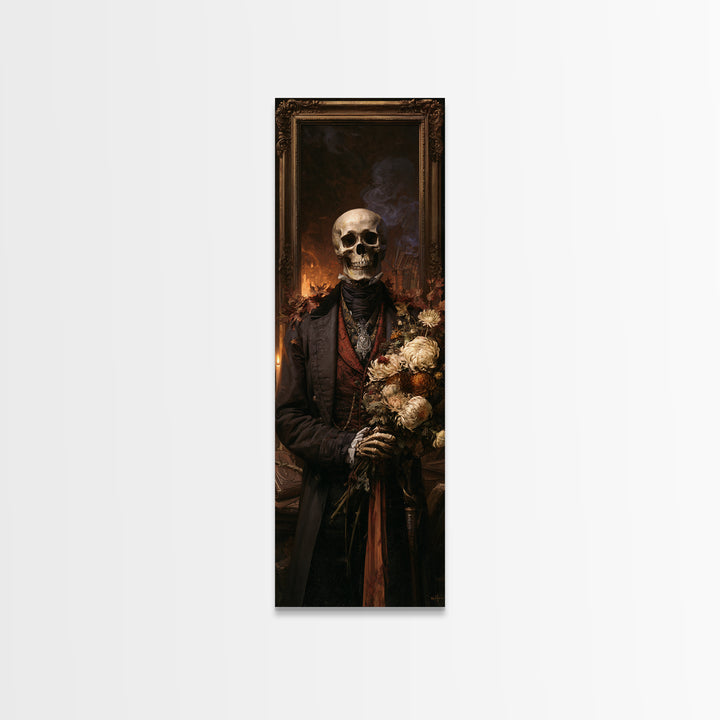 The Graveyard Dandy, Victorian Skeleton Portrait, Tall Narrow Canvas Print, Gothic Home Decor, Halloween Portrait Art, Classic Monster Art