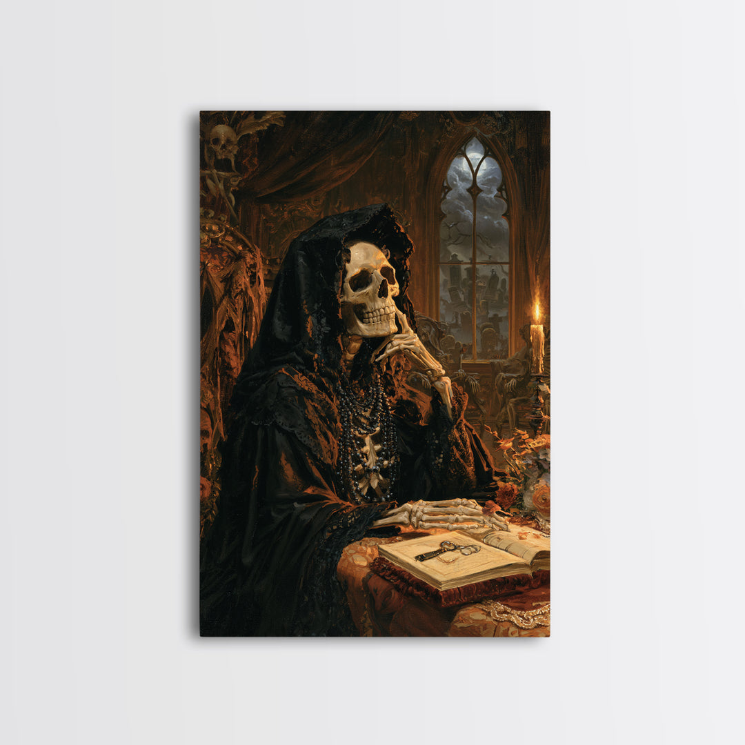The Widow In Ivory Bone, Victorian Skeleton Portrait, Vertical Canvas Print, Macabre Home Decor, Halloween Portrait Art, Classic Monster Art
