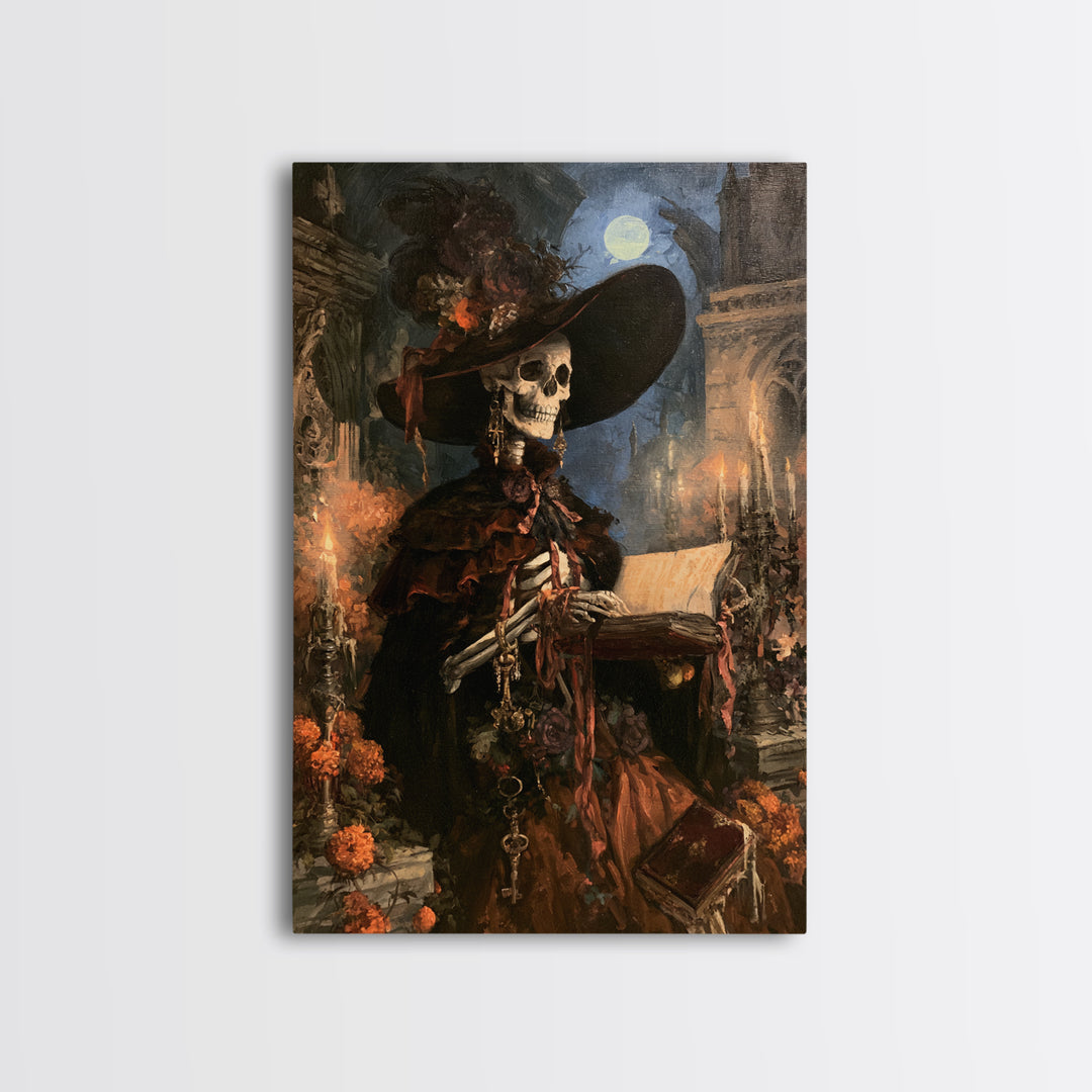 The Ballad-Singer Skeleton, Victorian Skeleton Portrait, Vertical Canvas Print, Classic Halloween Decor, Classic Monster Art