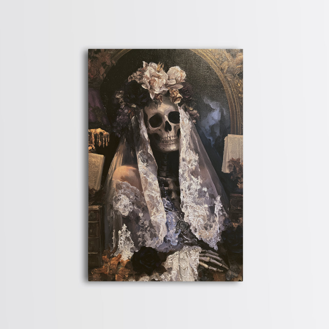 The Mourning Skeleton Bride, Victorian Skeleton Portrait, Vertical Canvas Print, Macabre Home Decor, Classic Monster Art