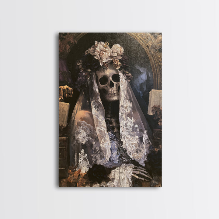 The Mourning Skeleton Bride, Victorian Skeleton Portrait, Vertical Canvas Print, Macabre Home Decor, Classic Monster Art