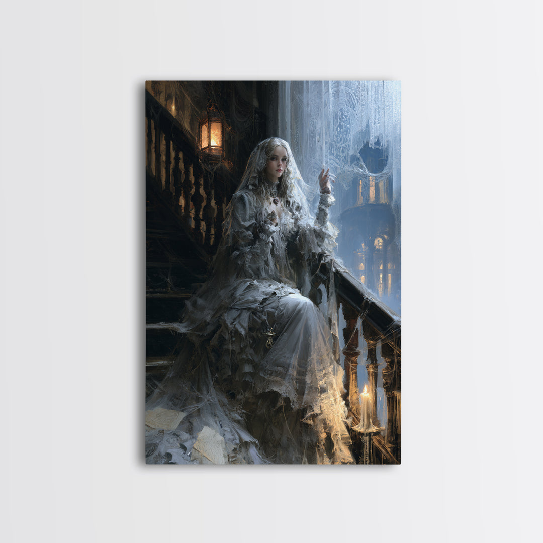 The Frosted Window Shade, Victorian Phantom Portrait, Vertical Canvas Print, Dark Academia Decor, Antique Horror Decor, Classic Monster Art