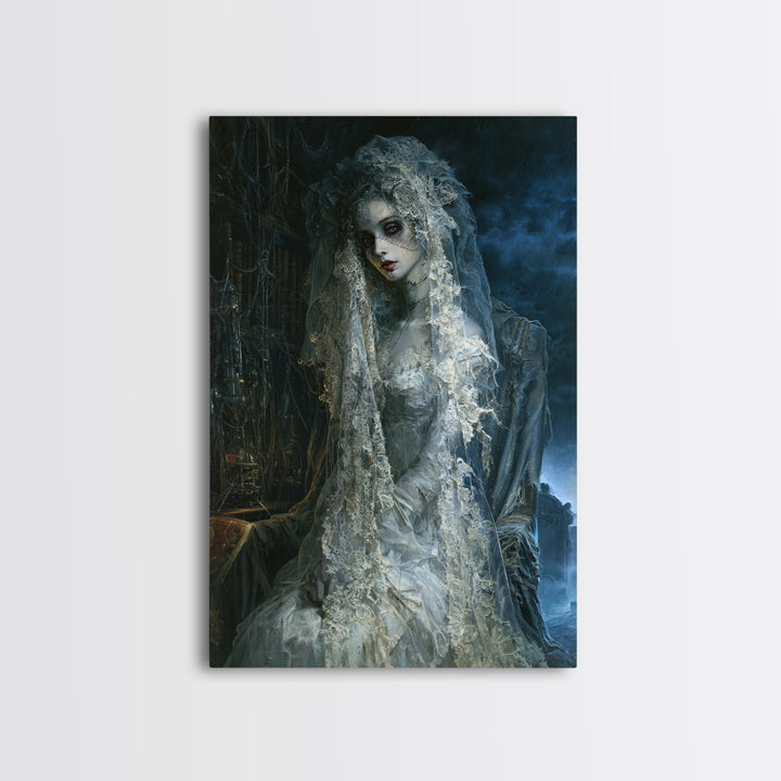 The Storm-Stitched Bride, Victorian Monster Portrait, Vertical Canvas Print, Classic Halloween Decor, Classic Monster Art