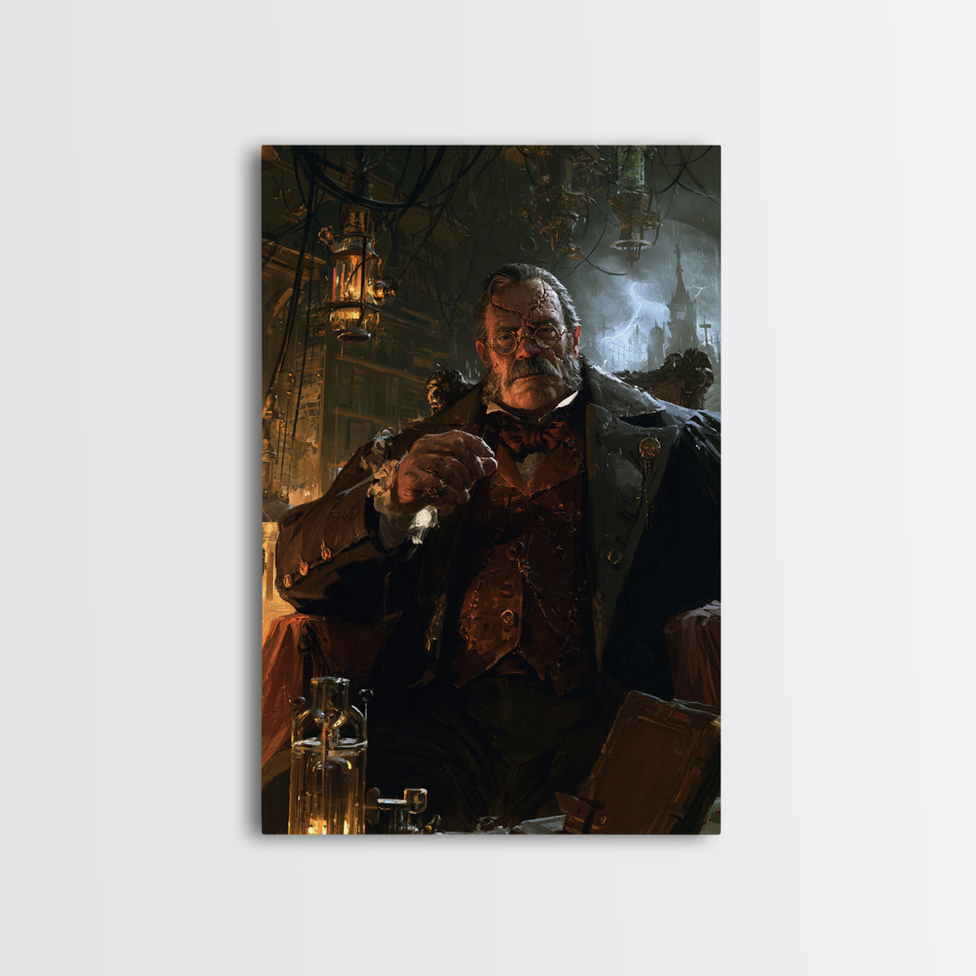 The Bolt-Browed Magistrate, Victorian Monster Portrait, Vertical Canvas Print, Antique Style Decor, Canvas Print, Classic Monster Art