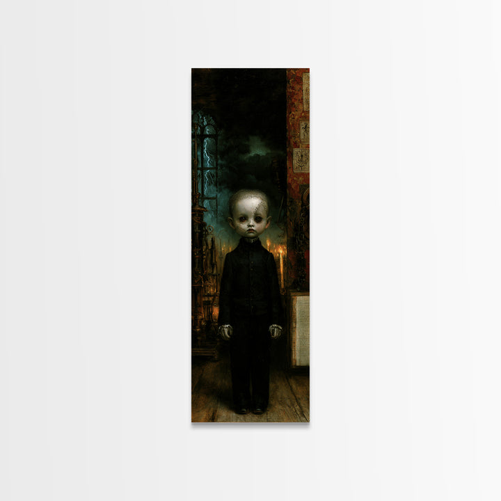 The Orphaned Creation, Victorian Monster Portrait, Tall Narrow Canvas Print, Macabre Home Decor, Halloween Portrait Art, Classic Monster Art