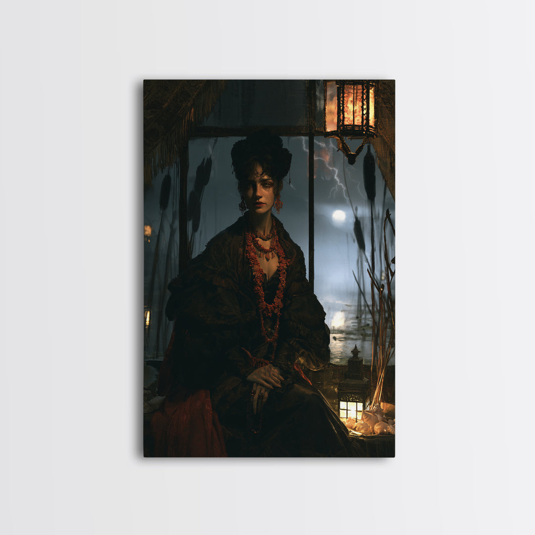 The Tidal Heiress, Victorian Creature Portrait, Vertical Canvas Print, Dark Academia Decor, Antique Horror Decor, Classic Monster Art