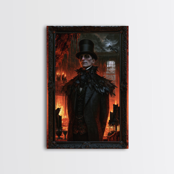 The Raven-Shouldered Undertaker, Macabre Victorian Portrait, Vertical Canvas Print, Classic Halloween Decor, Classic Monster Art
