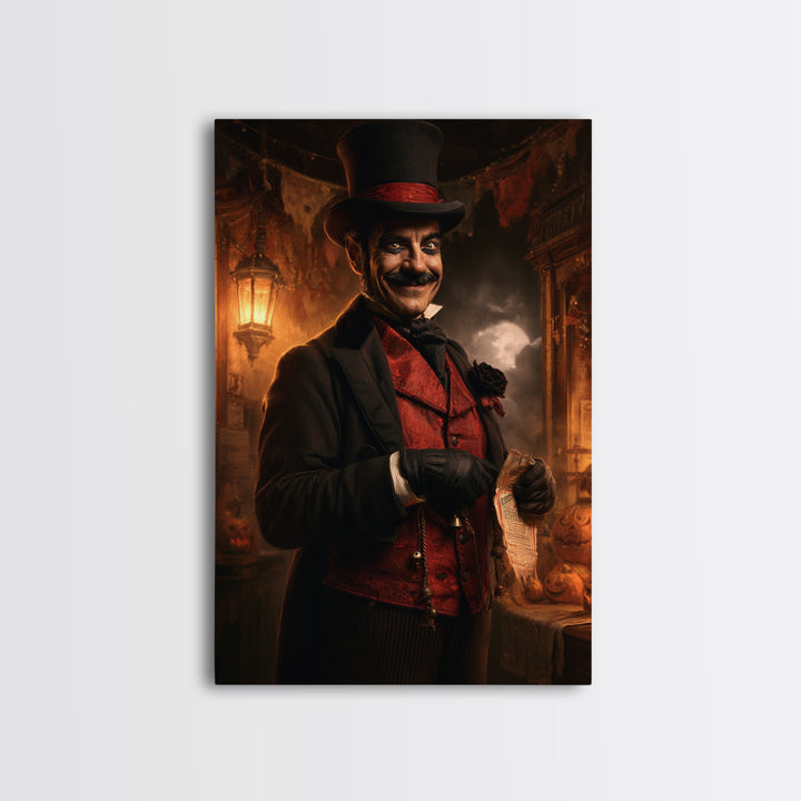 The Cursed Ringmaster, Victorian Circus Horror Portrait, Vertical Canvas Print, Macabre Home Decor, Classic Monster Art