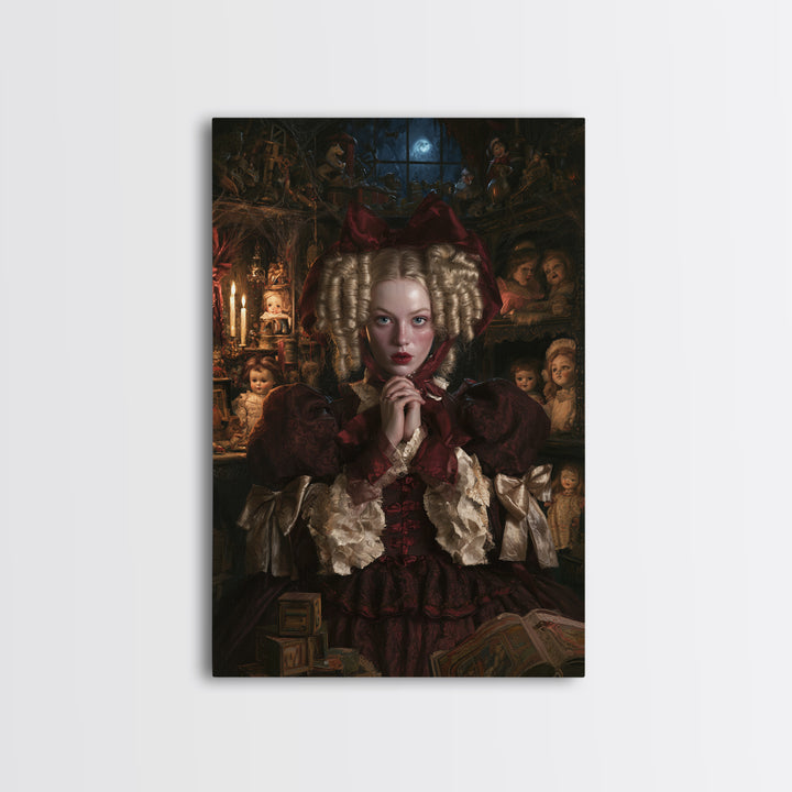 The Porcelain Doll Mistress, Haunted Doll Portrait, Vertical Canvas Print, Gothic Home Decor, Halloween Portrait Art, Classic Monster Art
