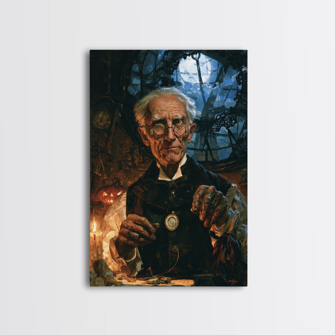 The Clockmaker Of Midnight, Midnight Clockmaker Portrait, Vertical Canvas Print, Dark Academia Decor, Classic Monster Art