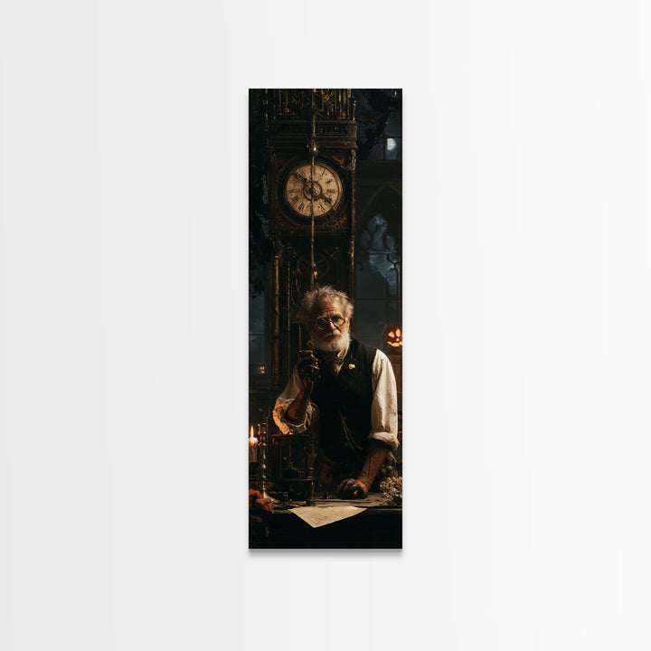 The Clockmaker Of Midnight, Midnight Clockmaker Portrait, Tall Narrow Canvas Print, Antique Style Decor, Gothic Wall Decor