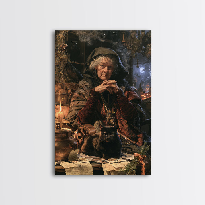 The Black-Cat Fortune Teller, Victorian Fortune Teller Portrait, Vertical Canvas Print, Gothic Home Decor, Classic Monster Art