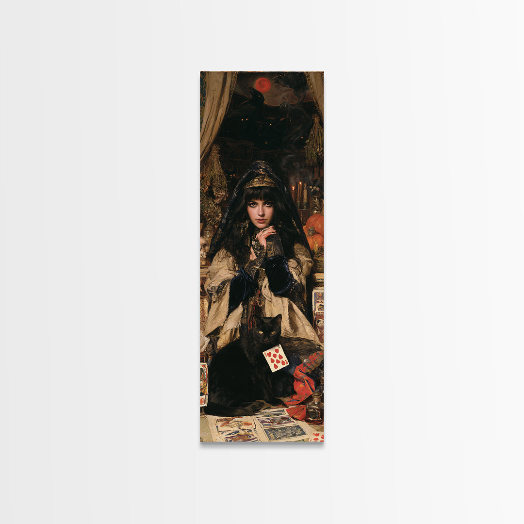 The Black-Cat Fortune Teller, Victorian Fortune Teller Portrait, Tall Narrow Canvas Print, Gothic Home Decor, Canvas Print