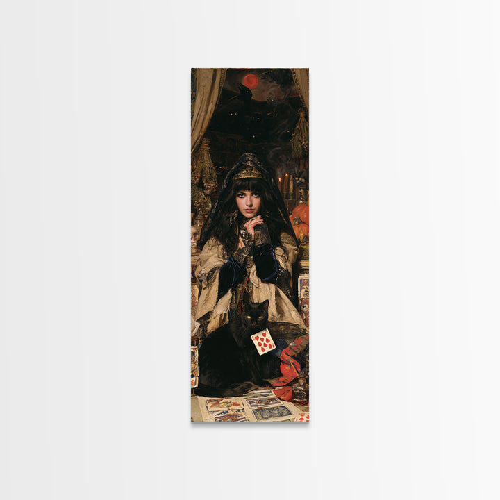The Black-Cat Fortune Teller, Victorian Fortune Teller Portrait, Tall Narrow Canvas Print, Gothic Home Decor, Canvas Print