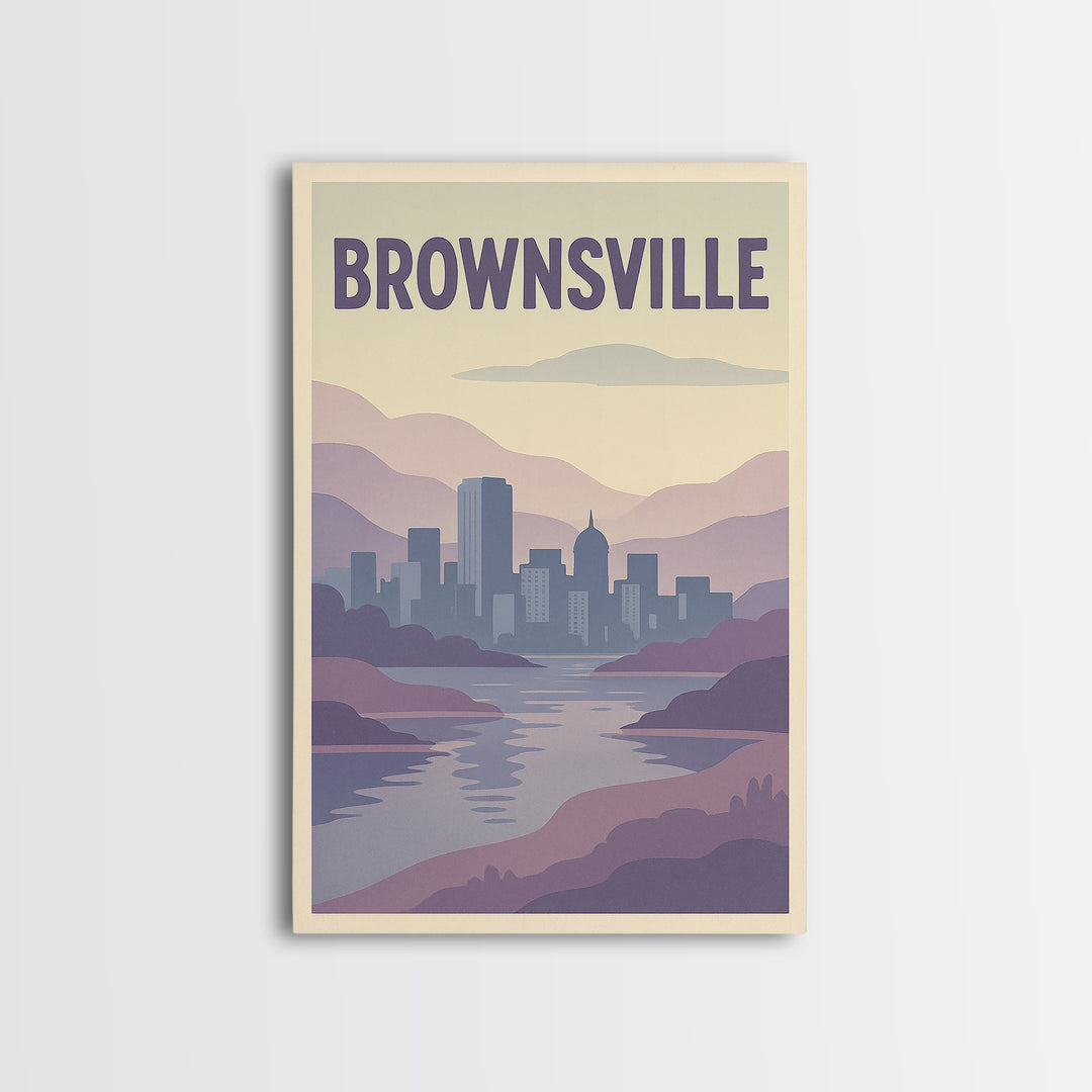 Brownsville Travel Poster, Framed Canvas Print, Pastel Retro Travel Art, Brownsville Poster Print, Eclectic Wall Decor, Travel Art Print