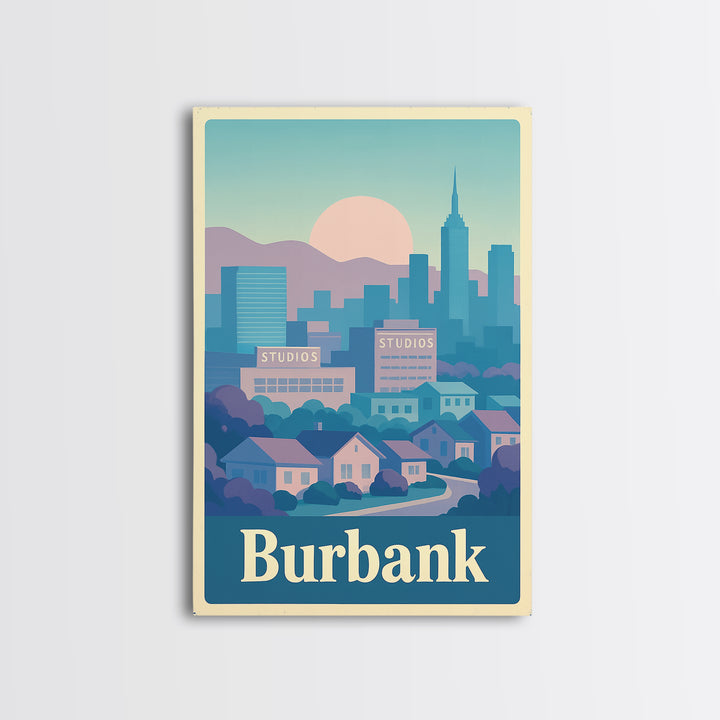 Burbank Travel Poster, Canvas Print, Vaporwave City Skyline Wall Art, Burbank Wall Art, City Illustration, Vintage Travel Art, City Poster