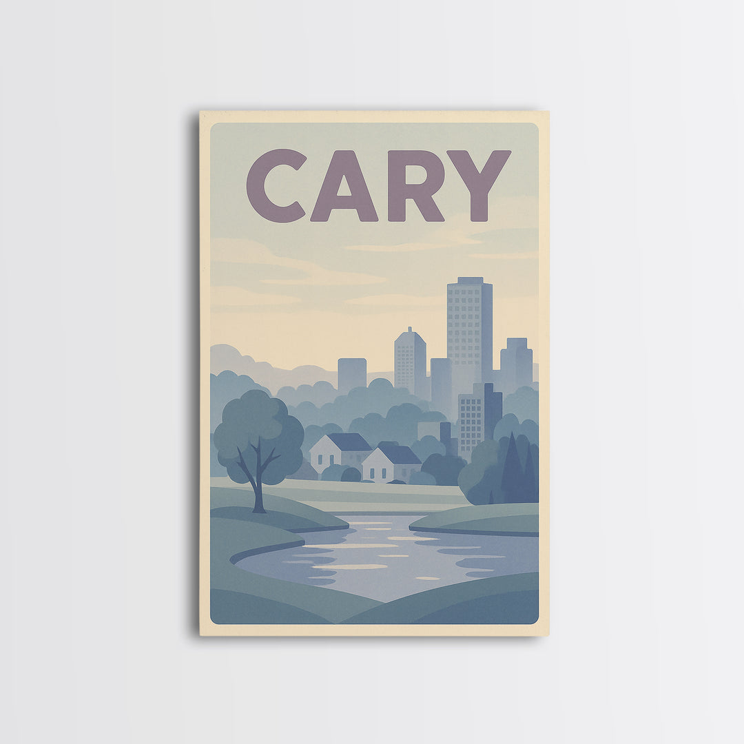 Cary North Carolina Travel Poster, Canvas Print, Vaporwave Skyline Wall Art, Cary City Art, Art Print, Retro Travel Print, Wanderlust Decor