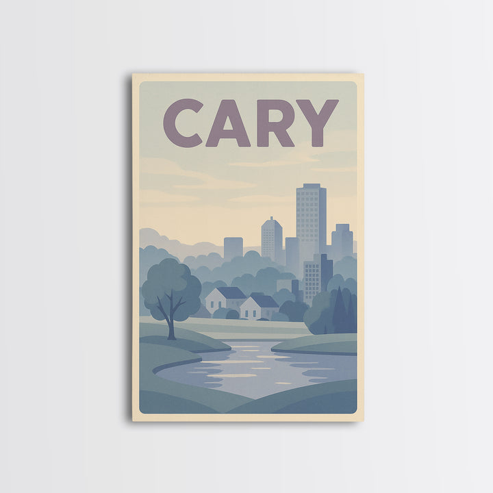 Cary North Carolina Travel Poster, Canvas Print, Vaporwave Skyline Wall Art, Cary City Art, Art Print, Retro Travel Print, Wanderlust Decor