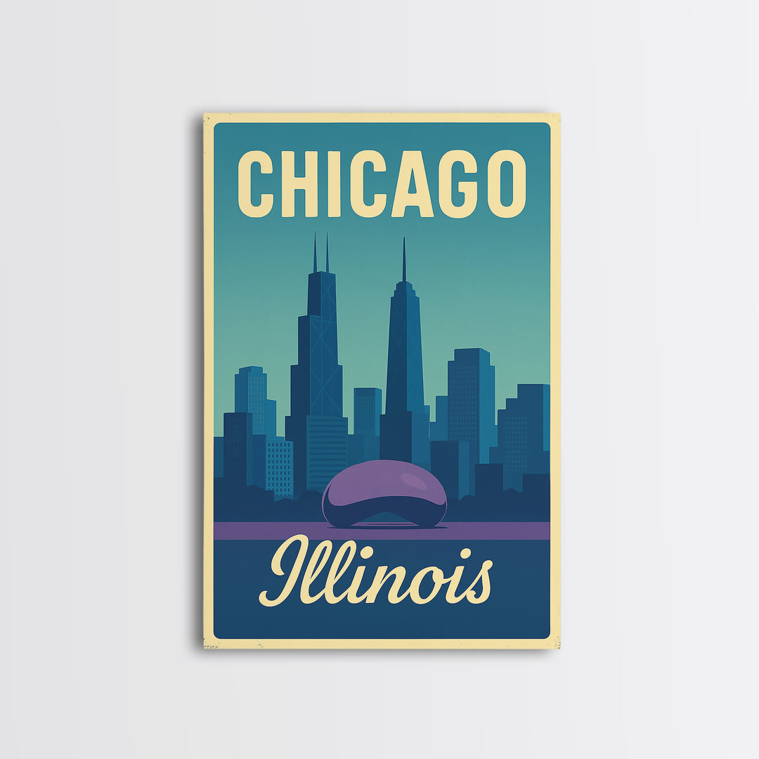 Chicago Travel Poster, Canvas Print, Pastel Retro Travel Art, Chicago Travel Art, Watercolor Urban Skyline, Office Decor, City Art Print