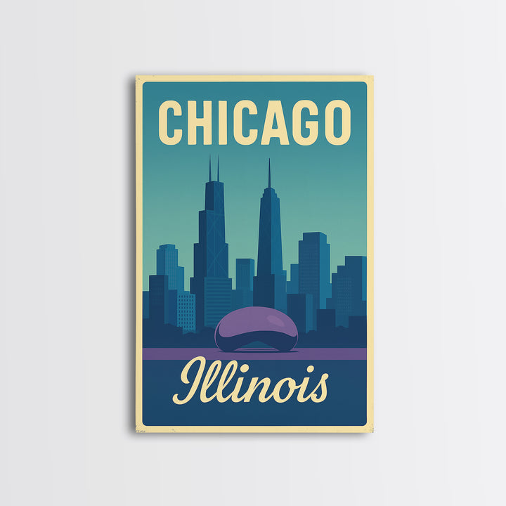 Chicago Travel Poster, Canvas Print, Pastel Retro Travel Art, Chicago Travel Art, Watercolor Urban Skyline, Office Decor, City Art Print