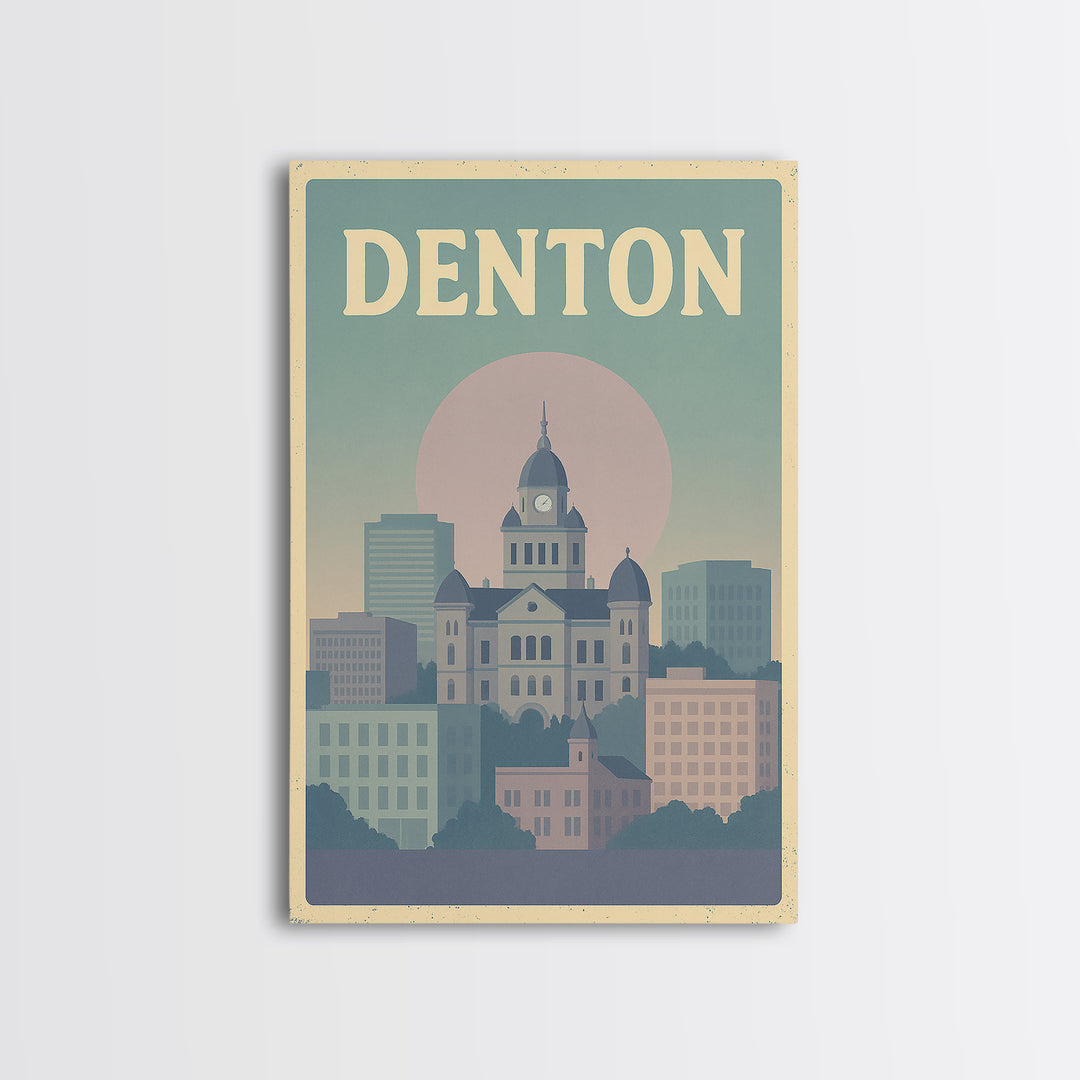 Denton Travel Poster, Framed Canvas Print, Vaporwave Skyline Wall Art, Denton Poster Print, Living Room Wall Art, Modern Wall Decor