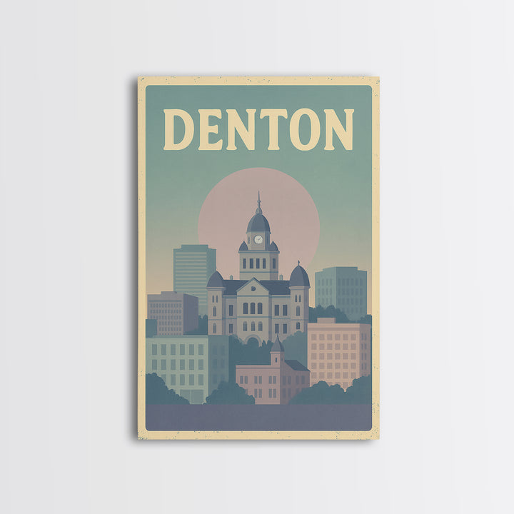 Denton Travel Poster, Framed Canvas Print, Vaporwave Skyline Wall Art, Denton Poster Print, Living Room Wall Art, Modern Wall Decor