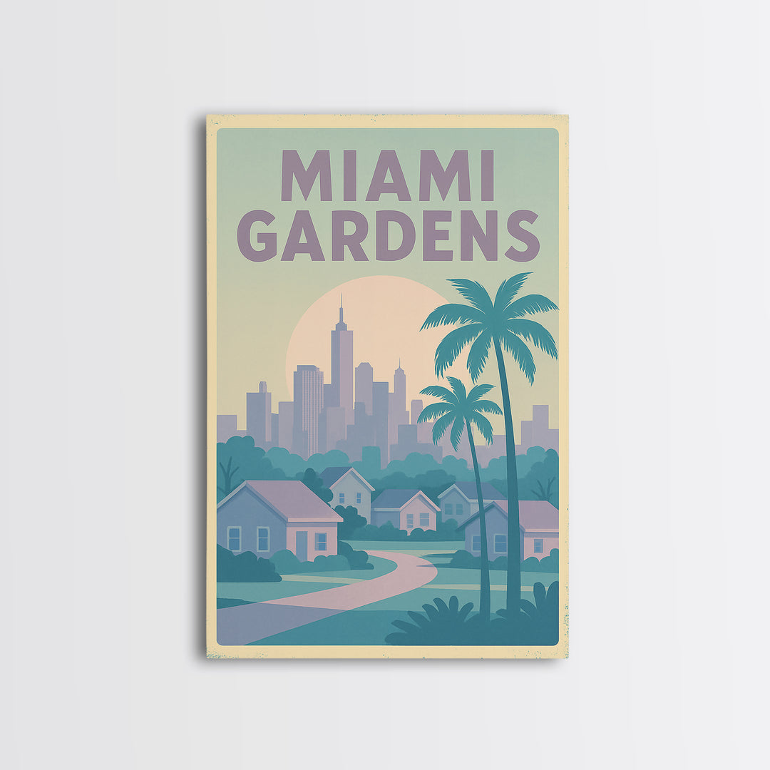 Miami Gardens Florida Travel Poster, Canvas Print, Soft Vintage City Poster, Miami Gardens City Art, Mid Century Wall Art, Travel Art