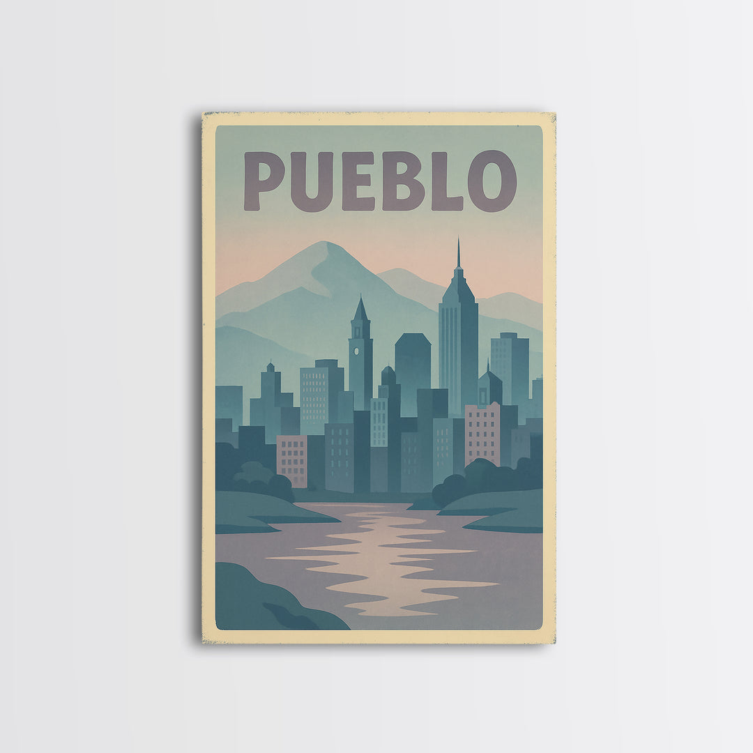 Pueblo Colorado Travel Poster, Canvas Print, Dreamy Skyline Poster Art, Pueblo Wall Art, Travel Poster Art, City Art Print, Wall Decor